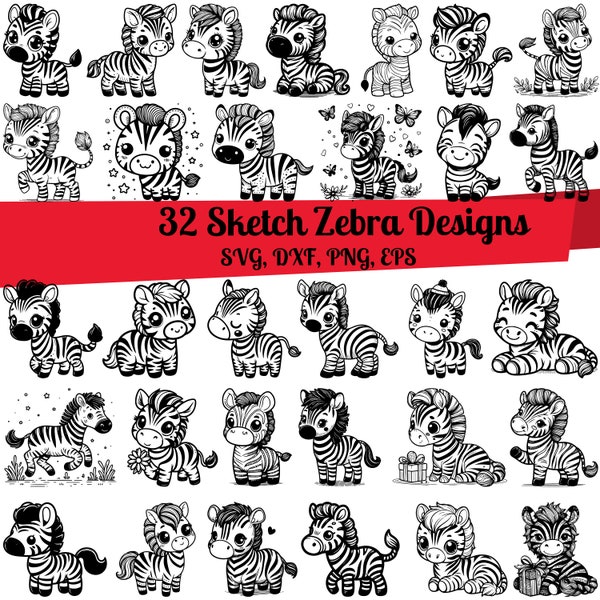 32 Sketch Zebra SVG Bundle, Floral Zebra svg, Zebra Line Art, Cute Zebra svg, Cute Zebra dxf, Funny Zebra svg, Baby Zebra svg, Safari Animal