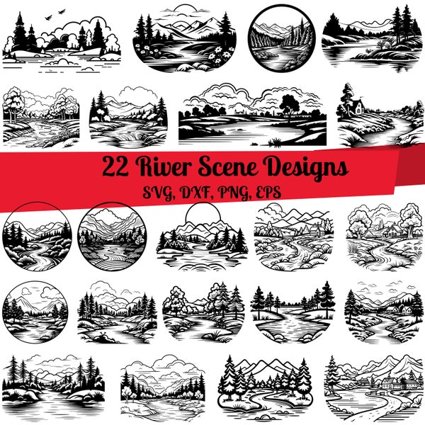 22 River Scene SVG Bundle, River Scene dxf, River Landscape, River Scene png,River  Scene vector,River Scene wall art,River Mountain svg