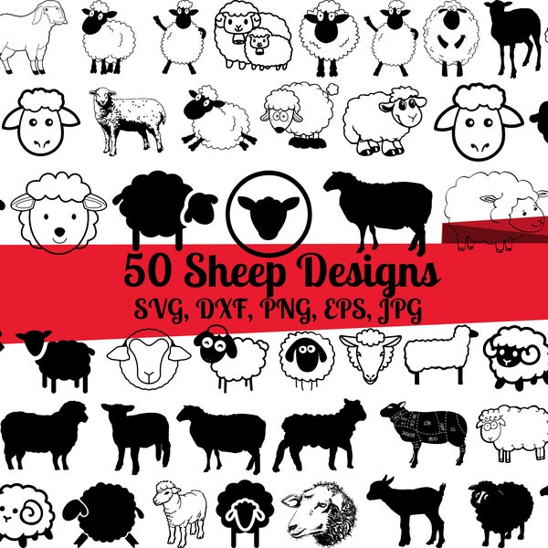 50 Sheep SVG Bundle, Sheep dxf, Sheep png, Sheep eps, Sheep vector, Sheep cut files, Sheep head svg, Farm animal svg, Sheep face svg