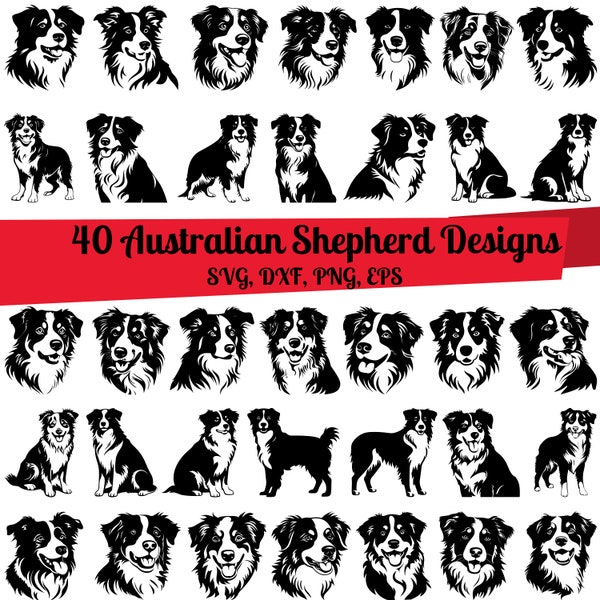 Lot de 40 bergers australiens SVG, svg Aussie Dog, dxf de berger australien, png de berger australien, eps de berger australien