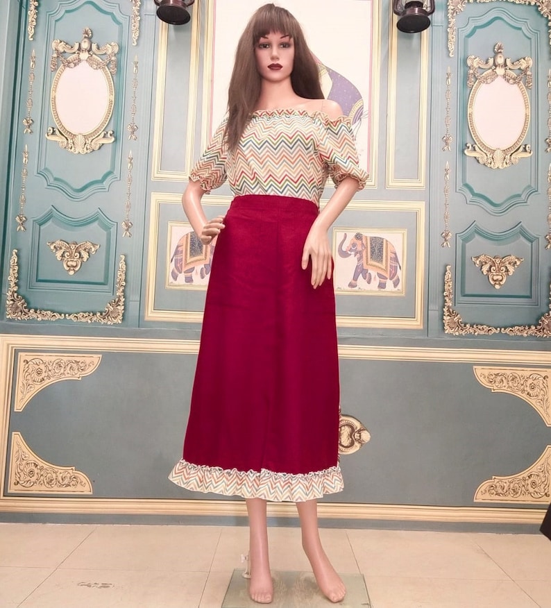 Indian designer very attractive Long Skirt top maroon and mustard colour Indian designer Priyanka chopra designer top leelan material