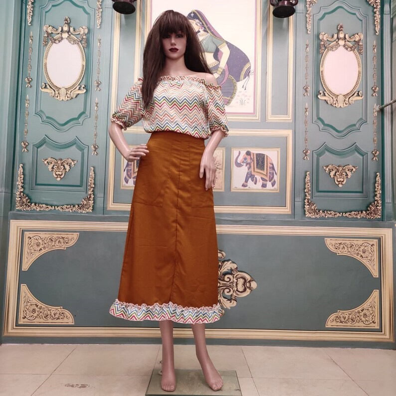 Indian designer very attractive Long Skirt top maroon and mustard colour Indian designer Priyanka chopra designer top leelan material