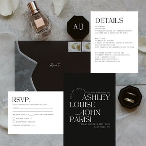 Modern Wedding Invitation Suite Template, Black and White Wedding Invitation, Minimalist, Customizable Template, Black Invitation