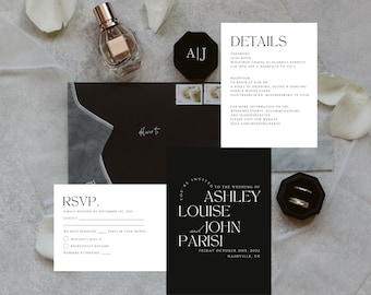 May include: Black and white wedding invitation suite with a modern design. The invitation features the names Ashley Louise and John Parisi, the date Friday October 21st, 2022, and the location Nashville, TN. The RSVP card includes a section for guests to indicate their attendance.