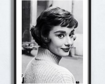 Black and white Audrey Hepburn Print, Classic actress Home Decor, Hollywood poster, Digital Download, Trending now.