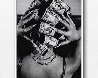 Plakat modowy w czarno-białym stylu z wizerunkiem kobiety z banknotem dolarowym i głową pieniędzy, dziewczęcy wystrój (pobranie cyfrowe)