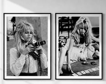 Vintages Set von 2 Bardot Spielkarten Druck, Hollywood Plakat, Schwarzweiß-Fotografie Retro Feminine Dekoration, Französische Luxus Wanddekoration