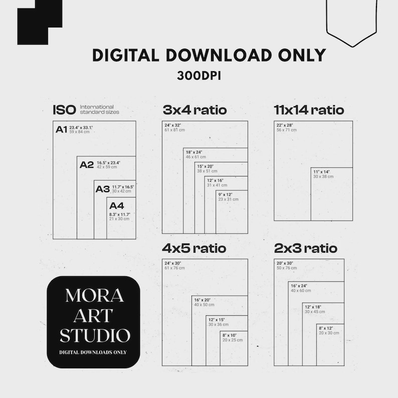 K&ouml;nnte beinhalten: Ein digitaler Download-Gr&ouml;&szlig;enleitfaden von Mora Art Studio mit 300DPI Aufl&ouml;sung. Er listet ISO-Formate A1 bis A4 sowie verschiedene Seitenverh&auml;ltnisse wie 3x4, 11x14, 4x5 und 2x3 mit spezifischen Ma&szlig;en in Zoll und Zentimetern f&uuml;r jedes Format auf.