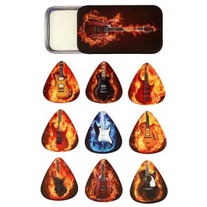 Tin of 9 Flaming Guitar Plectrums - Double sided - Harmony Picks