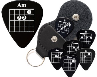 6 Black Chord Guitar Plectrums with Faux Leather Keyring Pick Holder - Double Sided - Harmony Picks