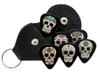 6 Sugar Skull Guitar Plectrums with Faux Leather Keyring Pick Holder - Double Sided - Harmony Picks