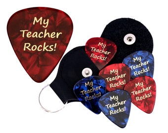 6 My Teacher Rocks! Guitar Plectrums with Faux Leather Keyring Pick Holder - Harmony Picks