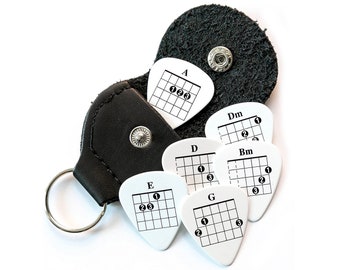 6 Chord Guitar Plectrums with Faux Leather Keyring Pick Holder - Double Sided - Harmony Picks