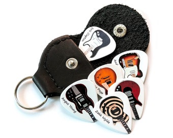 6 Guitar Plectrums with Faux Leather Keyring Pick Holder - Double Sided - Harmony Picks