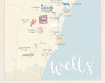 Wells Maine Illustrated Map Print | Maine Wall Art | Maine Map | Wedding Welcome Card