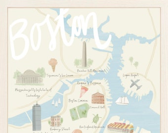 May include: A watercolor illustration of a map of Boston, Massachusetts. The map features landmarks such as Fenway Park, the Boston Common, and the Prudential Center. The map also includes the names of various businesses and attractions.