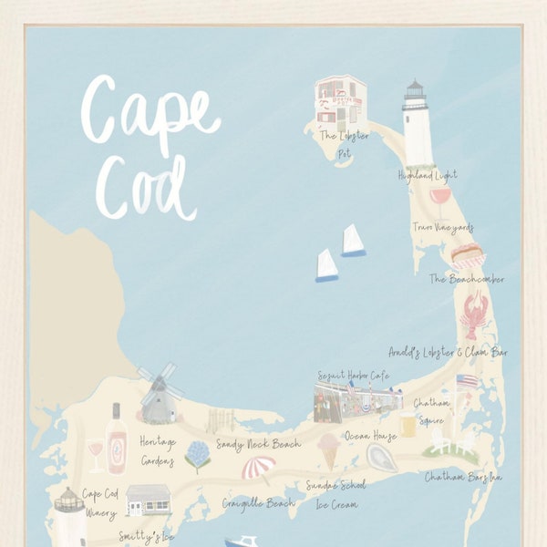 Cape Cod Illustrated Map | Cape Cod Map Illustration | Cape Cod Wall Art | Wedding Welcome Card