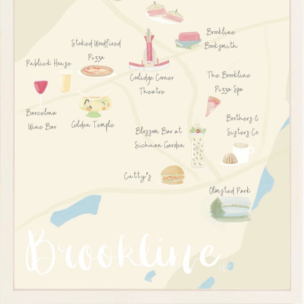 Brookline Massachusetts Illustrated Map Print | Brookline Wall Art | Brookline Map | New Homeowner Gift