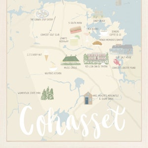 May include: A hand-drawn map of Cohasset, Massachusetts, with illustrations of local businesses and landmarks. The map is on a light beige background with blue water features. The text "Cohasset" is written in large, white cursive letters at the bottom of the map.