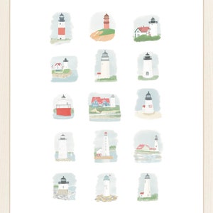 May include: A watercolor illustration of 15 lighthouses in various styles and colors. The lighthouses are depicted against a white background with blue and green watercolor accents.
