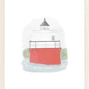 May include: A watercolor painting of a white lighthouse with a red base, standing in the water. The lighthouse has a black roof and a small window.