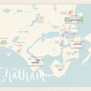 May include: A hand-drawn map of Chatham, Massachusetts, with blue water and a beige landmass. The map features various landmarks and points of interest, including the Chatham Lighthouse, Chatham Bars Inn, Chatham Candy Manor, and the Chatham Windmill. The map is surrounded by a light brown frame.