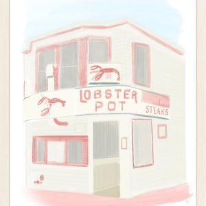 May include: A watercolor illustration of a pink and white building with a sign that reads "Lobster Pot" and "Steaks". The building has a red lobster on the sign.