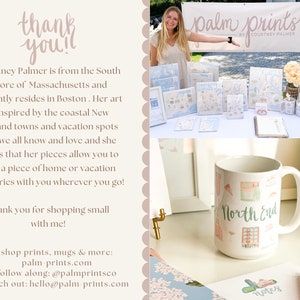 May include: A white ceramic mug with a colorful illustration of a North End neighborhood scene. The mug is on a table with a notepad and pen. The text "North End" is visible on the mug.