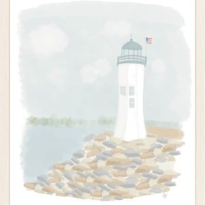 May include: A watercolor painting of a white lighthouse with a gray roof and a small American flag on top. The lighthouse is standing on a rocky shore with a light blue body of water in the background.