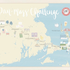 May include: A framed illustrated map titled Pan-Mass Challenge, depicting a route across Massachusetts with landmarks like Sturbridge, Provincetown, and Barnstable. The map features soft pastel colors, small icons of buildings, vehicles, and food, and the circular Pan-Mass Challenge logo in the top right corner.