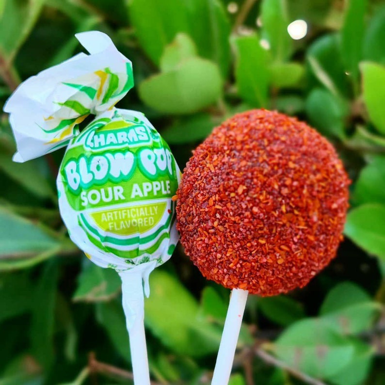 May include: Two lollipops on sticks. One is a green and white wrapped Charms Blow Pop Sour Apple lollipop. The other is a red, round lollipop covered in red sprinkles.