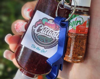 Tajin & Chamoy on the go, Tajin Keychain, Chamoy Keychain, Refillable with Bottle Opener