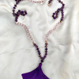 Handmade Purple Quartz Amethyst Yoga Prayer Mala 54ct Crystal Bead Necklace
