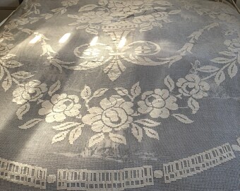 French Cotton Lace Window door Curtain drape LONG with fringed bottom edge.