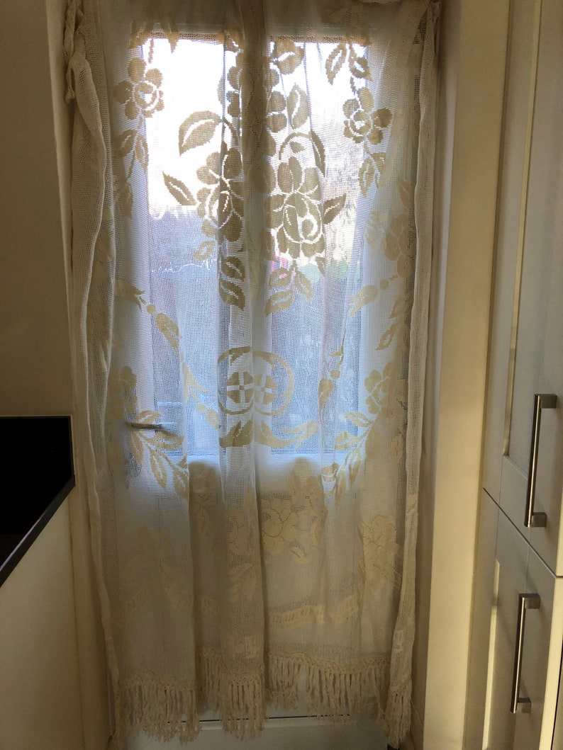 French Cotton Lace Window door Curtain drape LONG with fringed bottom edge.