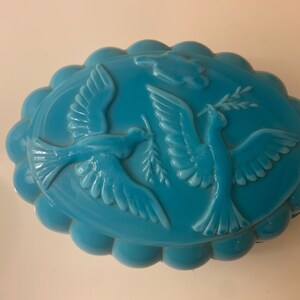 Vintage Czechoslovakian Bohemian Turquoise glass oval trinket box embossed doves with olive branches