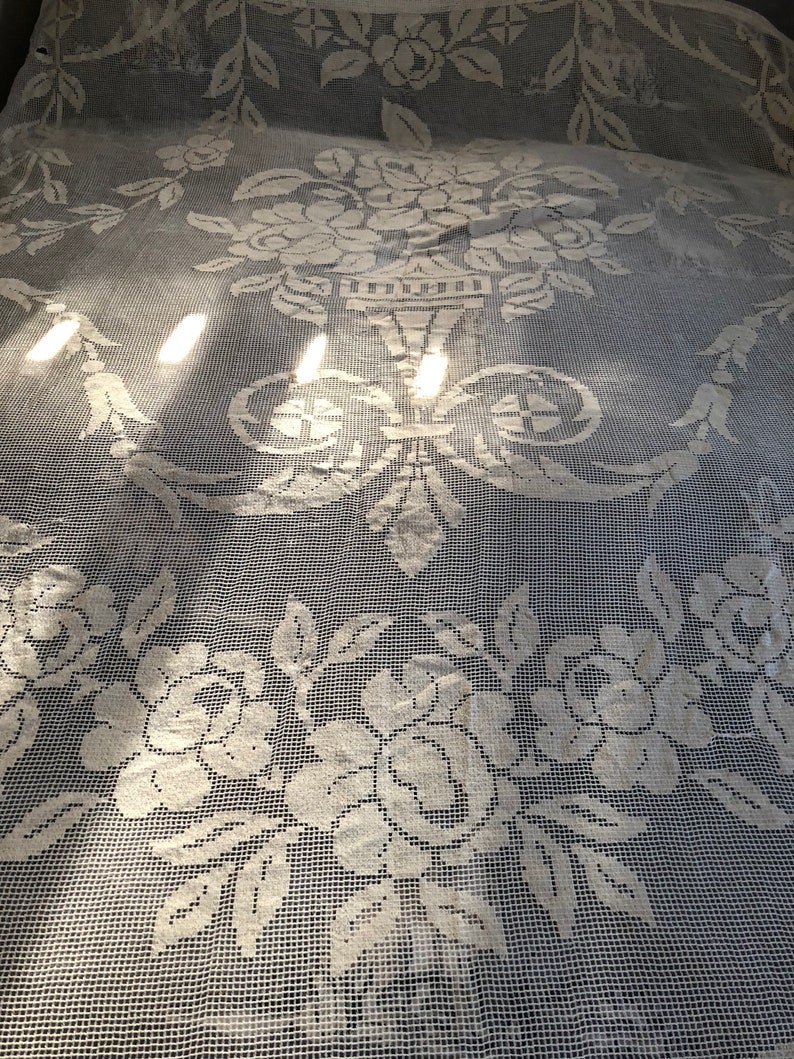 French Cotton Lace Window door Curtain drape LONG with fringed bottom edge.