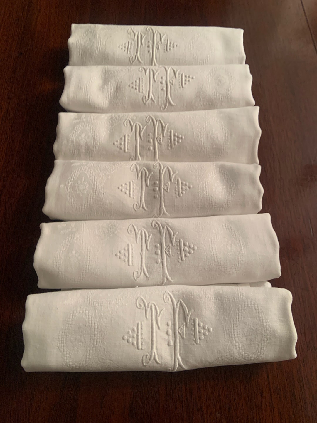 Antique French Linen Damask Monogramed Napkins Initials TF Set of 6 ...