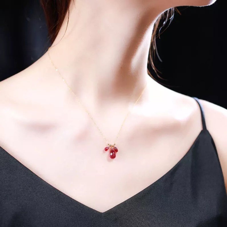 18k Gold Gemstone Necklace Ruby pendant handmade Colorful treasure necklace Female Gysophila Clavicle chain