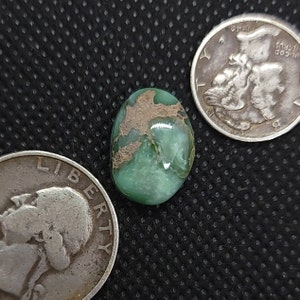 May include: A green and brown oval cabochon turquoise stone with a matrix of brown and white. The stone is about the size of a US quarter.