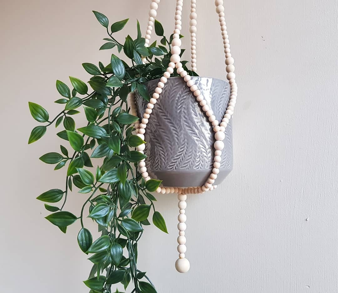 Beaded Plant Hanger Boho Style Natural Wooden Beads Plant Etsy