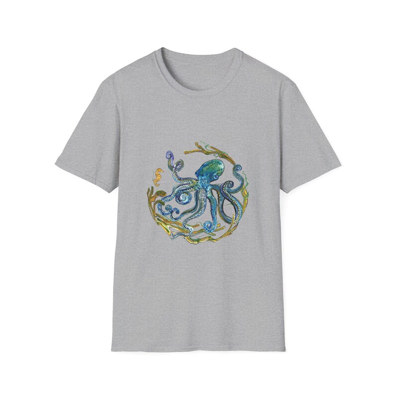 Octopus Unisex T-Shirt, Ocean Lover Tee, Sea Creature Shirt, Nautical Top, Softstyle Tee Sport Grey