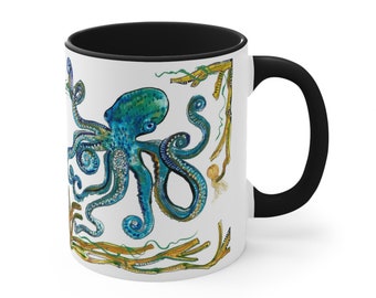 11oz Mug for Coffee, Tea or Hot Chocolate - Unique Octopus Motif - Designed for Daily Use - Great Gift for Beach House Owners