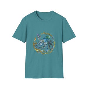 Octopus Unisex T-Shirt, Ocean Lover Tee, Sea Creature Shirt, Nautical Top, Softstyle Tee Heather Galapagos Blue