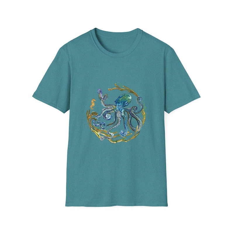 Octopus Unisex T-Shirt, Ocean Lover Tee, Sea Creature Shirt, Nautical Top, Softstyle Tee Heather Galapagos Blue