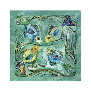 May include: A watercolor painting of four stylized fish swimming in a turquoise blue sea. The fish are painted in shades of blue, green, and yellow.