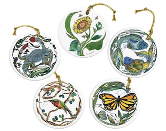 Five Porcelain Ornaments - Natural World Collection - Housewarming/Wedding Gift - Holiday Decor