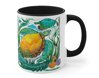 11oz Mug for Coffee, Tea or Hot Chocolate - Unique Sea Turtle Motif - Designed for Daily Use - Great Gift for Ocean Lovers