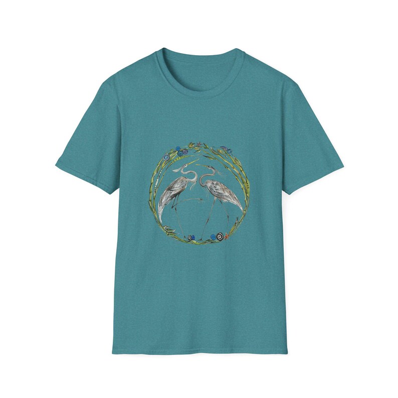 Blue Heron Unisex T-Shirt - Avian-Themed Nature Art Tee, Bird Lovers Gift, Soft Cotton Shirt, Nature Outings, Casual Wear, Wildlife Heather Galapagos Blue