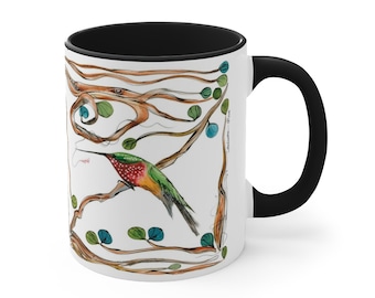 11oz Mug for Coffee, Tea or Hot Chocolate - Unique Hummingbird Motif - Designed for Daily Use - Great Gift for Birdwatchers